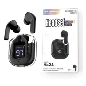 AIR 31 TWS Original Transparent Earbuds – Bluetooth 5.3V (Black, Big Packing)